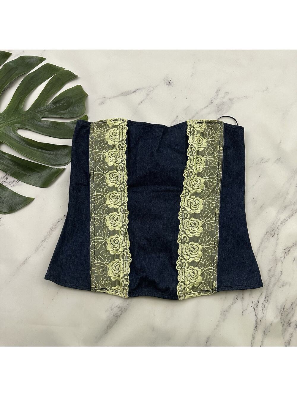 Fredericks of Hollywood Womens Vintage Y2k Corset Top Size 36 L Denim Lace Trim